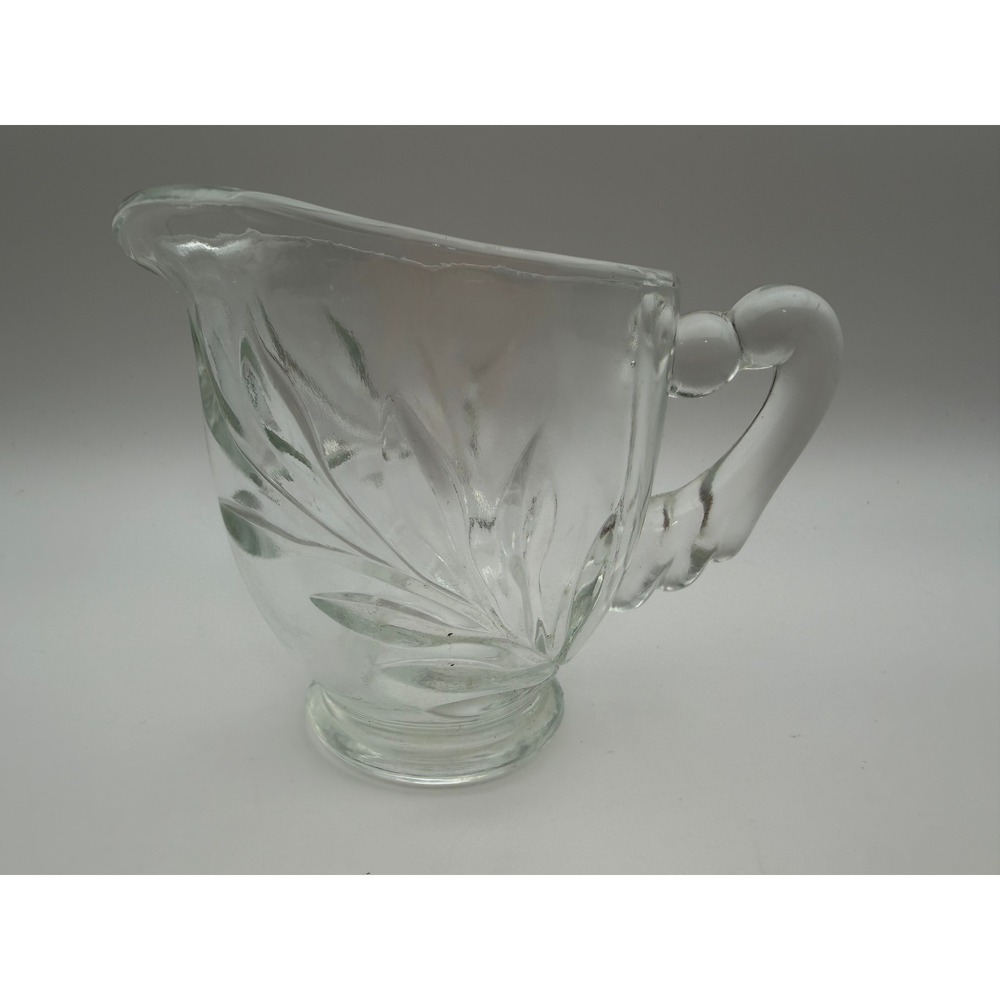 Vintage Clear Pressed Glass Creamer Pitcher Wheat Leaf Pattern Pedestal Base